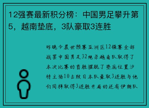 12强赛最新积分榜：中国男足攀升第5，越南垫底，3队豪取3连胜