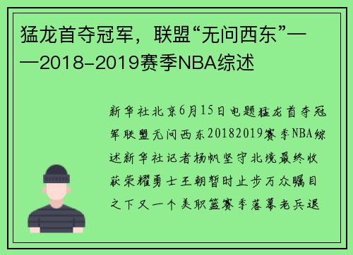 猛龙首夺冠军，联盟“无问西东”——2018-2019赛季NBA综述